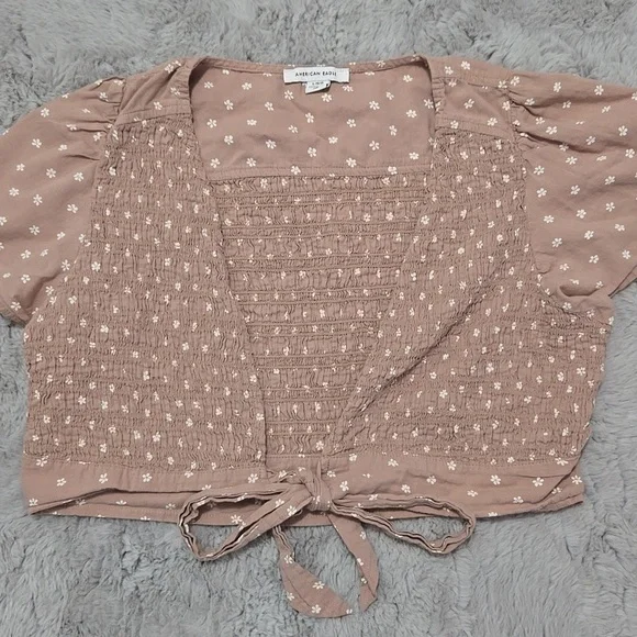 American Eagle Outfitters tan tie front floral blouse size L - Picture 2 of 8